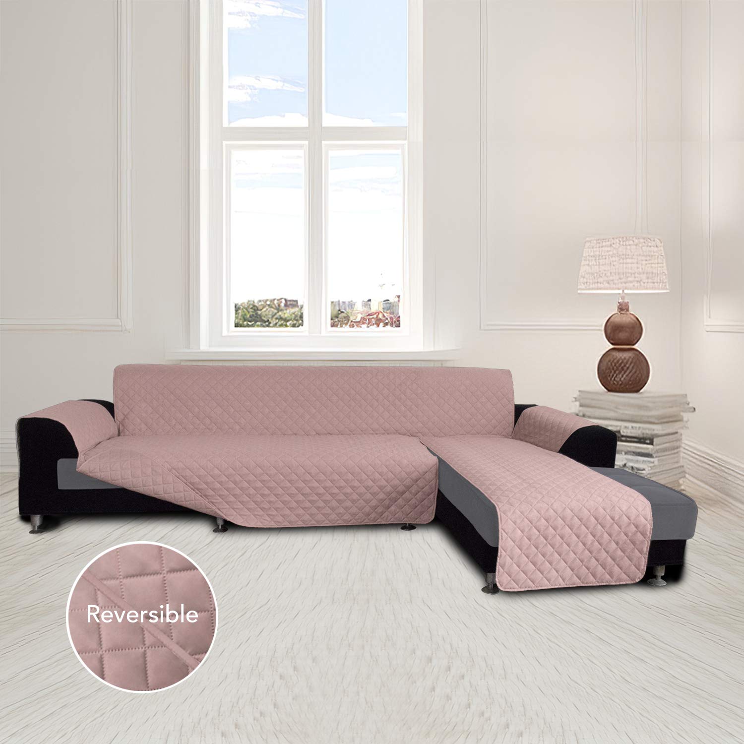 Reversible L-Shaped Sofa Slipcover - XL Pink/Pink Sectional Couch Cover with Chaise Lounge, Pet & Kid-Friendly Furniture Protector for Living Room, Family Room, and Home Theater Use
