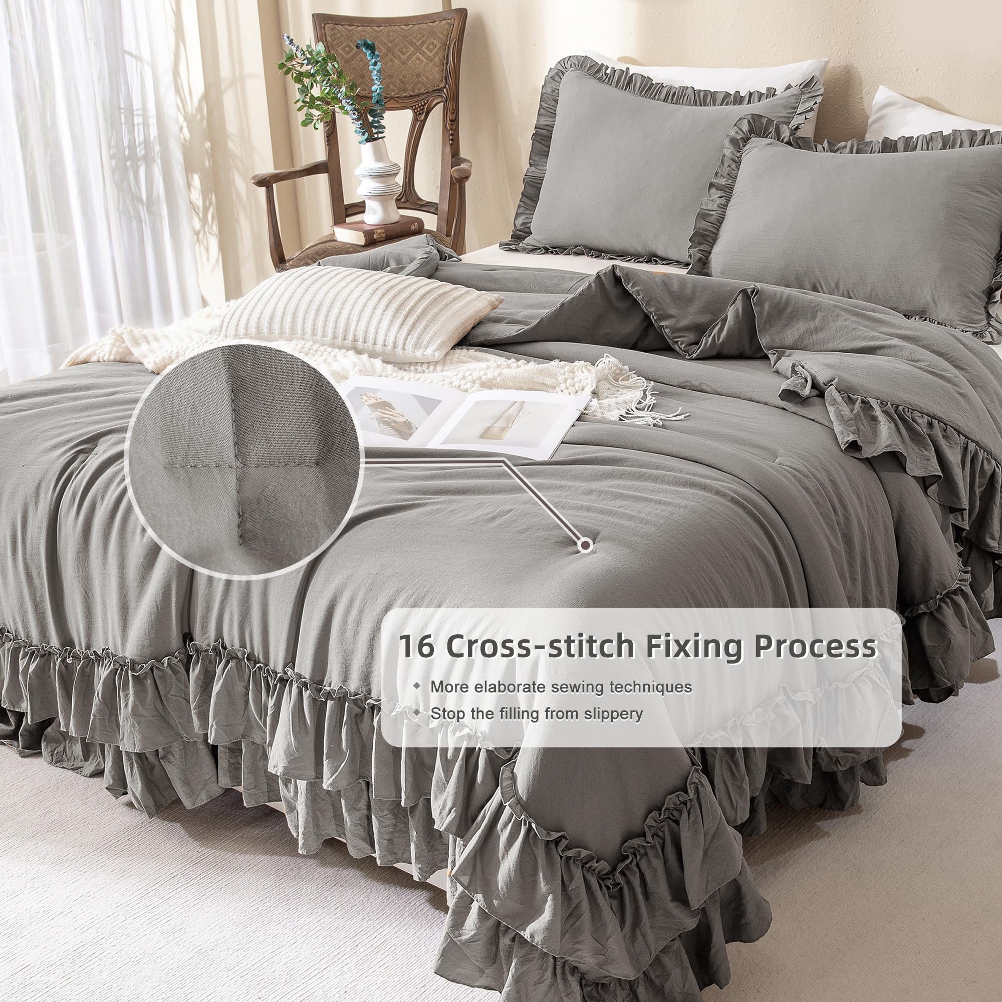 QSH Shabby Grey Ruffled Chic Queen Size Comforter Set - 3 Piece Farmhouse Boho Bedding, All Season Microfiber Filled Ultra Soft Lightweight Bedspread | Perfect for Master Bedroom, Guest Room & Cozy Boho Decor