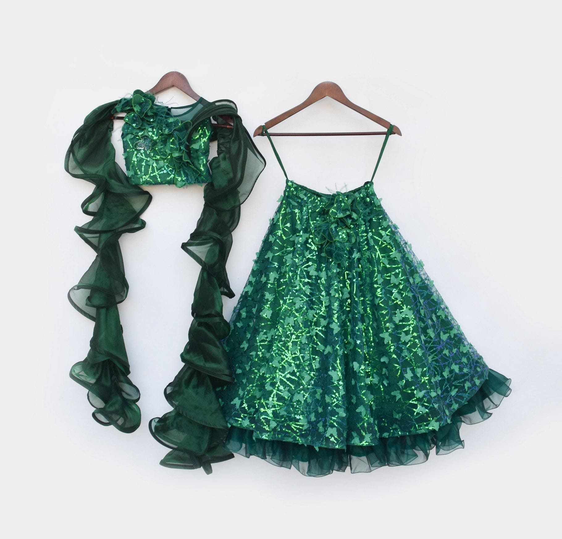 Pre Order: Elegant Green Butterfly Choli with Lehenga Set | Indian Bridal Wear for Weddings & Festivals | Perfect for Sangeet, Mehendi & Reception Ceremonies