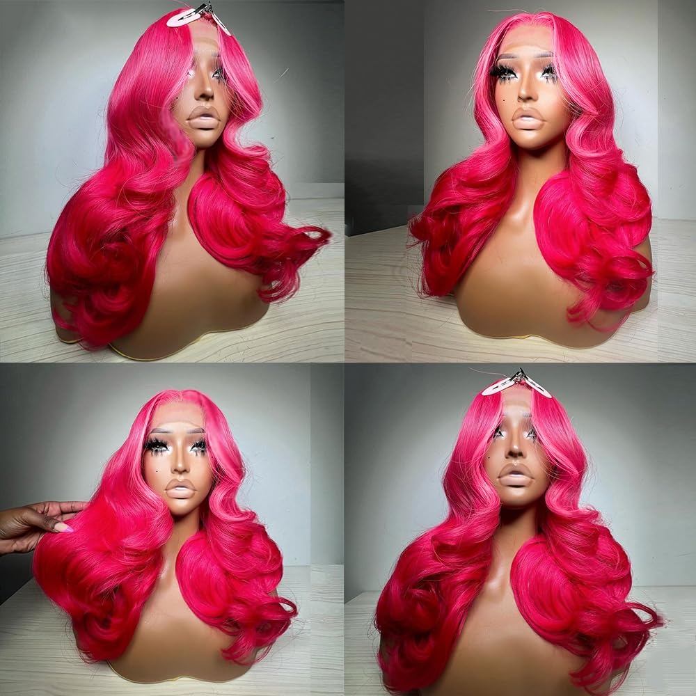Hot Pink Body Wave Lace Front Wig 24inch - 13x4 HD Transparent Lace Frontal Human Hair Wig with Baby Hair, 180% Density Brazilian Remy Hair for Women - Perfect for Cosplay, Parties, and Daily Styling
