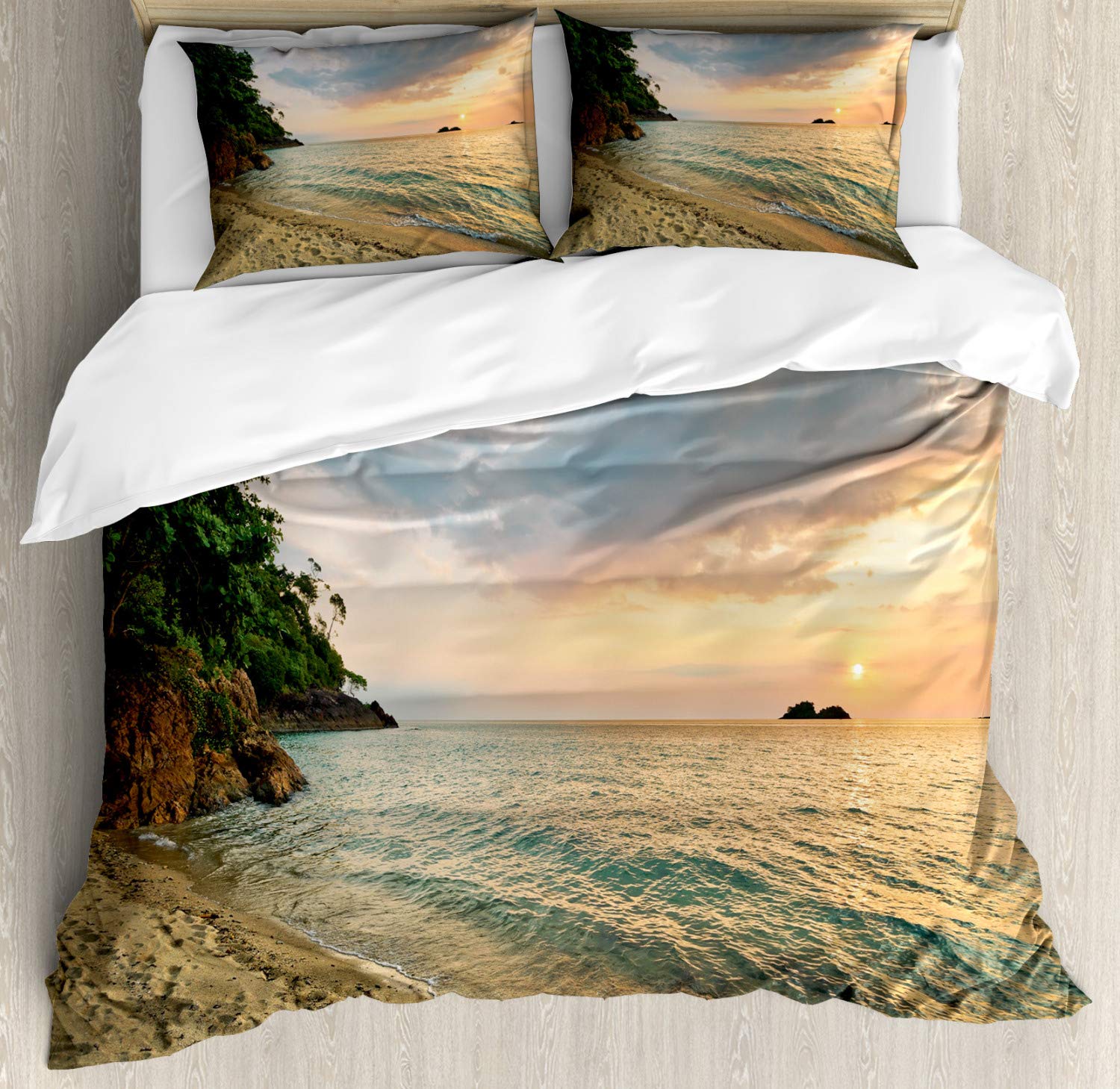 Ambesonne Tropical Sunset Duvet Cover Set - Queen Size 2-Pack with 2 Duvet Covers & 4 Pillowcases, Turquoise Peach Ocean Island Landscape Photo Bedding - Perfect for Beach House, Vacation Home or Boho Bedroom Decor