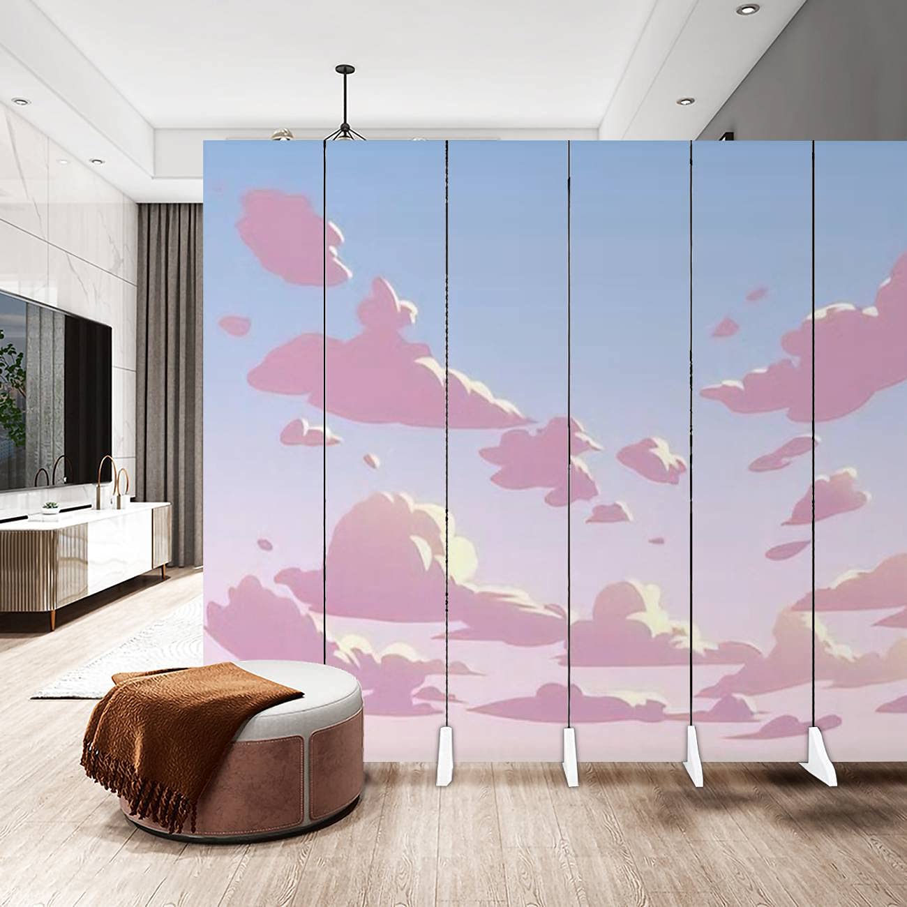 Anime Pink Sky Clouds Canvas Room Divider Screen - 6 Panel Folding Privacy Partition for Bedroom, Office & Studio - Lightweight Portable Room Separator Wall Decor