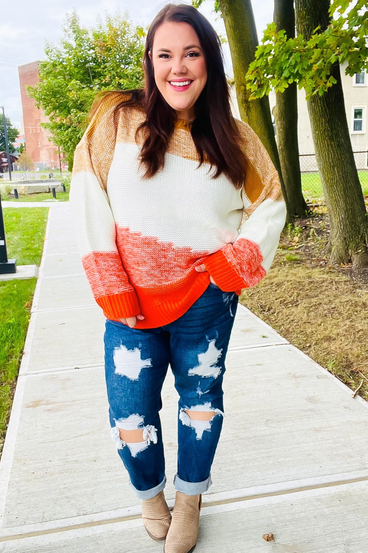 Cute Camel & Orange Color Block Sweater for Women | Cozy Knit Pullover | Perfect for Fall Outfits, Casual Wear & Holiday Gatherings