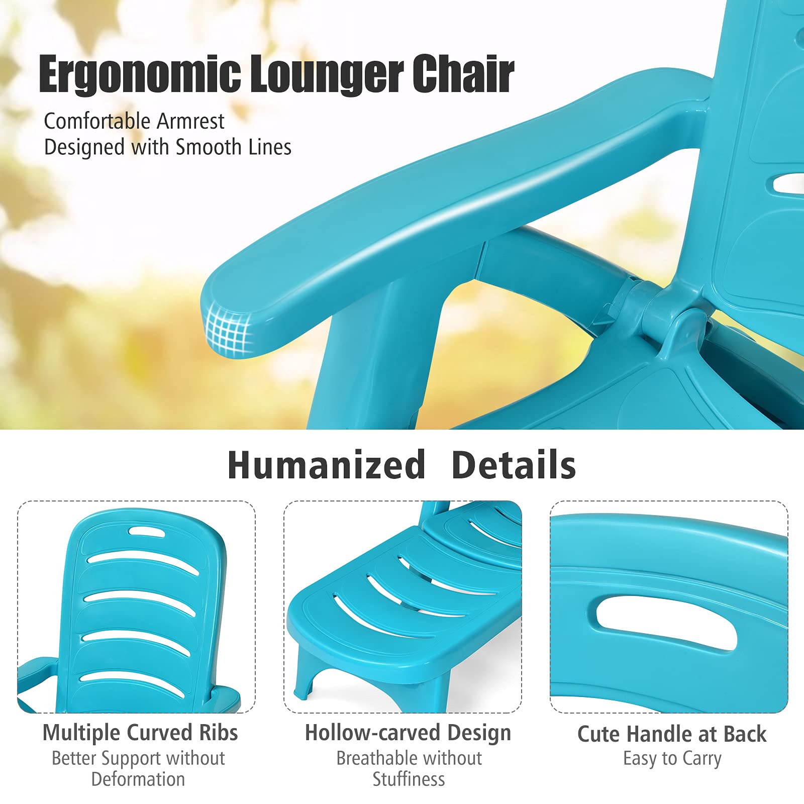 Giantex Folding Patio Chaise Lounge Recliner with Wheels - 5 Adjustable Positions, Armrests & Turquoise Fabric - Perfect for Poolside, Beach, Garden, Backyard & Outdoor Sunbathing - Portable Rolling Deck Chair for Relaxation (2-Pack)