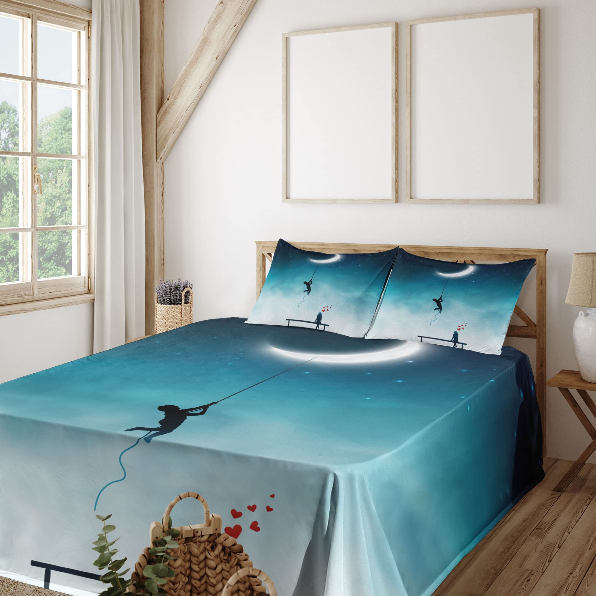 Ambesonne Fantasy Bed Sheet Set 4-Piece - King Size, Teal & White, Fitted & Flat Sheets with Pillowcases - Romantic Moon Climbing Boy & Bench Girl Art Design - Perfect for Couples' Bedrooms, Guest Rooms & Cozy Home Decor