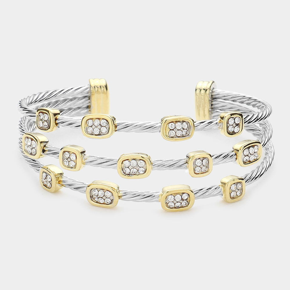 Sparkling Rhinestone Two-Tone Embellished Split Metal Cuff Bracelet for Women - Elegant Fashion Jewelry for Parties, Weddings & Evening Events