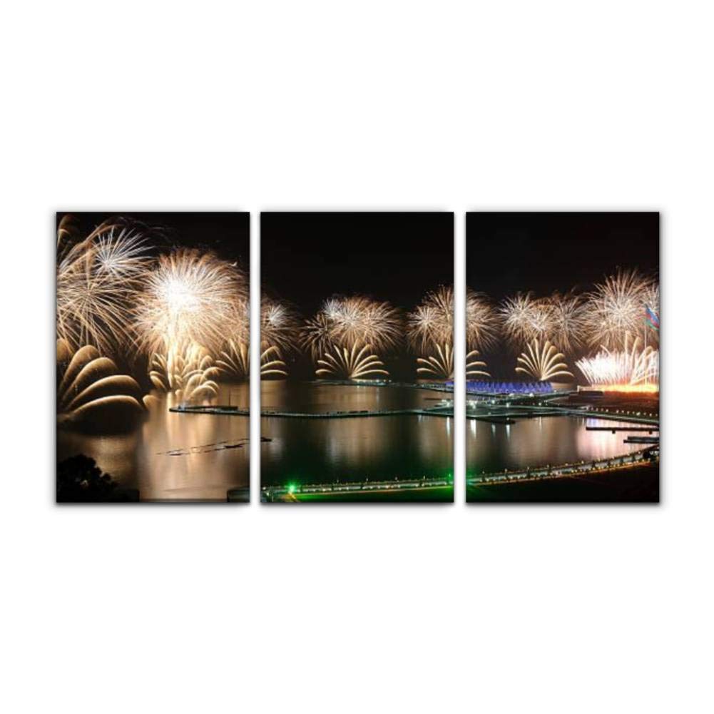 Modern Canvas Wall Art - Colorful Eurovision 2012 Fireworks Caucasus Landscape Oil Painting Print - Set of 3 Framed Decor (16x24 Inches) for Living Room, Bedroom & Office Decorations
