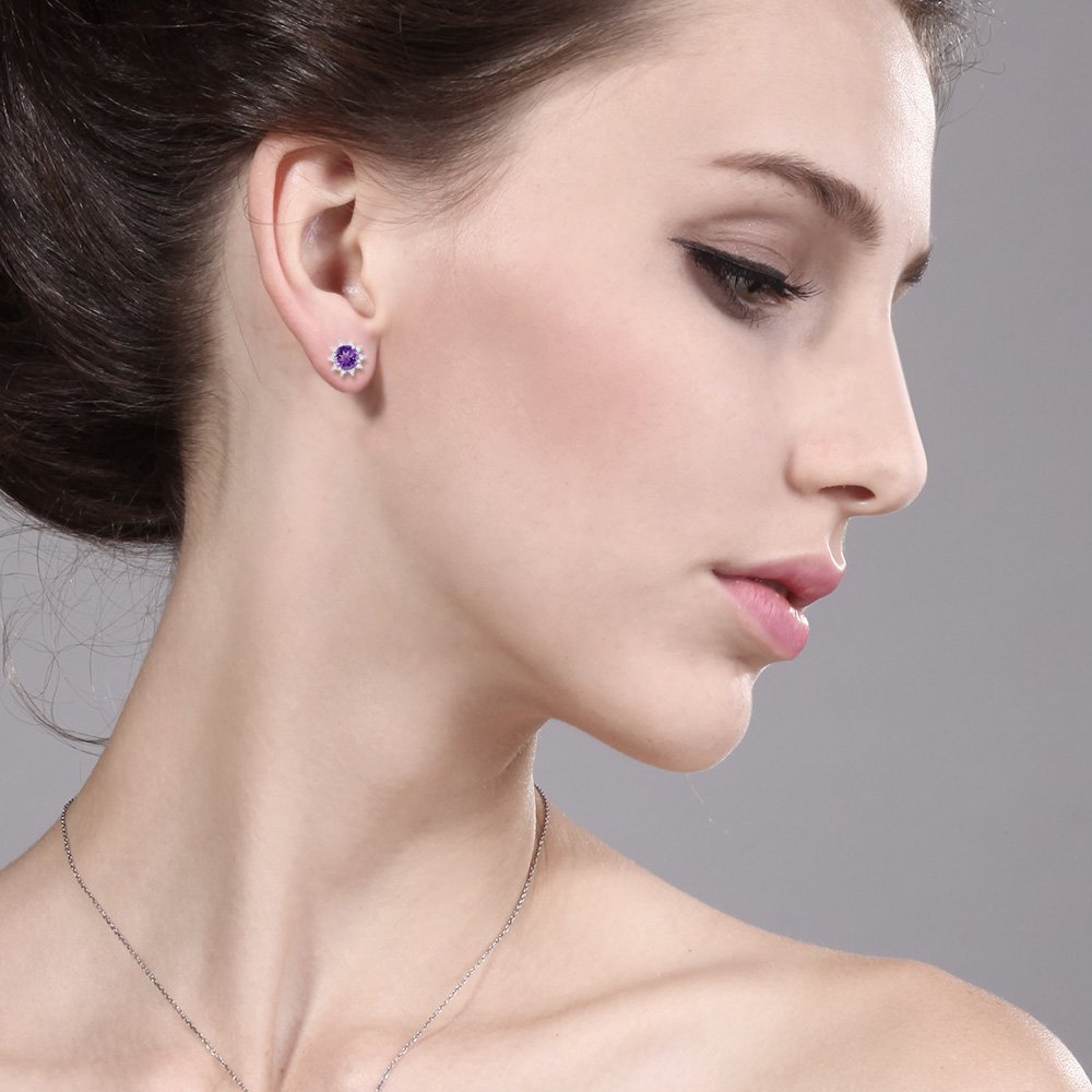 18K White Gold Gemstone Birthstone & White Diamond Halo Stud Earrings for Women | Elegant Gift for Anniversary, Birthday & Special Occasions | Perfect for Everyday Wear & Formal Events