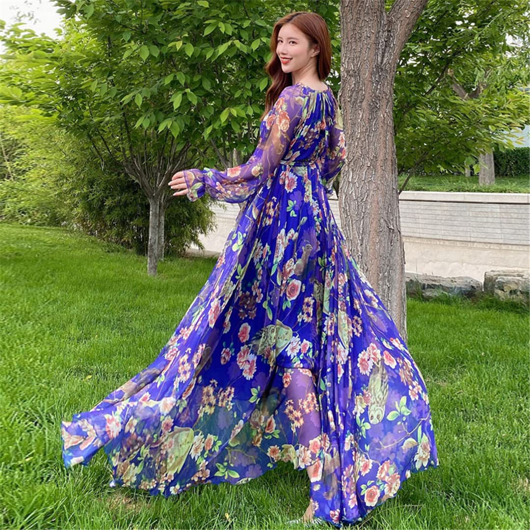 Bohemian Floral Print Long Sleeve Chiffon Dress for Women - Elegant Ruffled Maxi Dress for Parties, Weddings & Special Occasions
