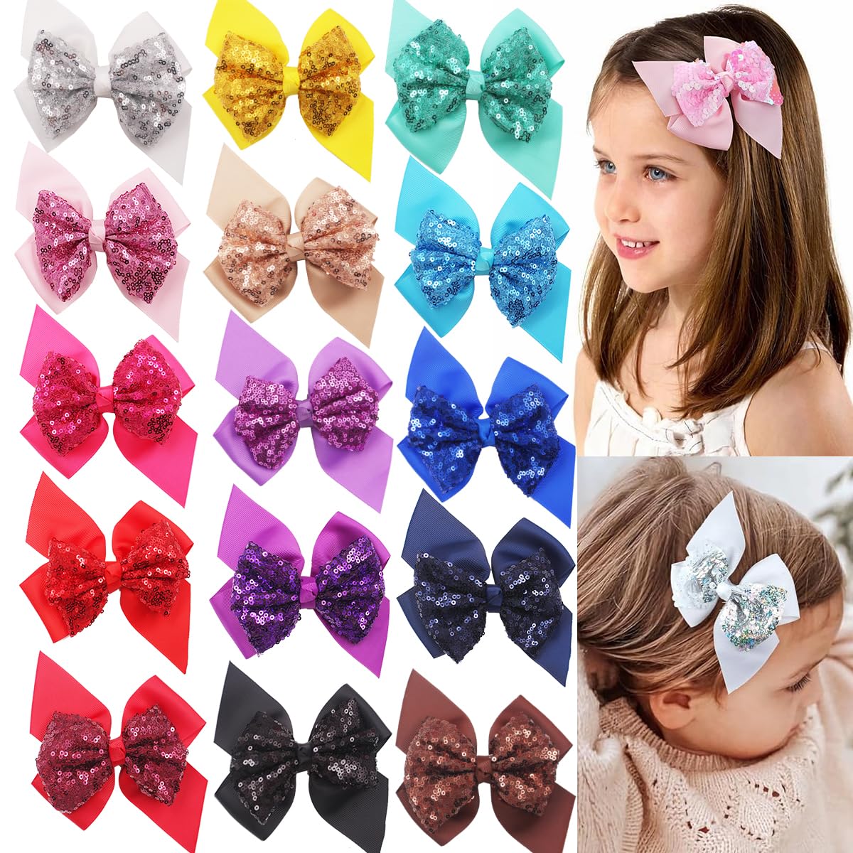 15PCS Sequin Hair Bows 4.5 Inch Glitter Sparkly Reversible Hair Clips - Rainbow Color Hair Accessories for Girls, Toddlers, Kids & Teens | Perfect for Birthday Parties, School Events & Daily Fashion