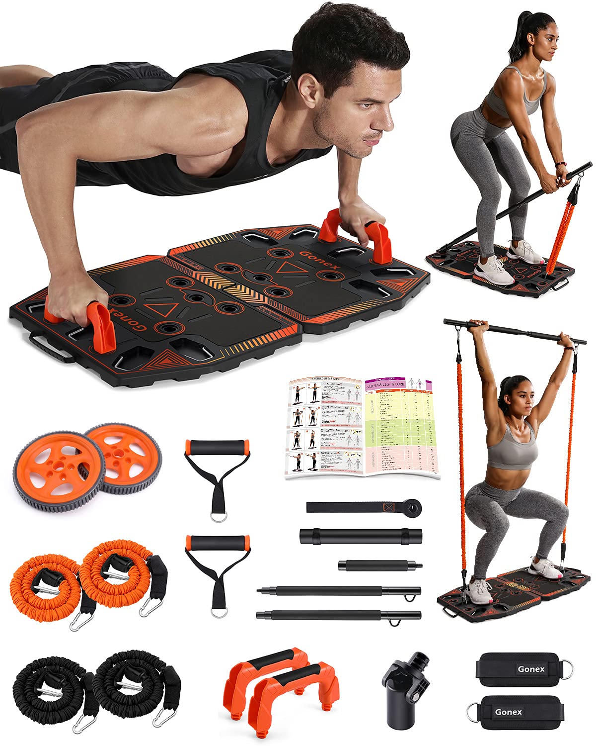 Gonex Portable Home Gym Workout Equipment Set - 14-in-1 Fitness System with Ab Roller Wheel, Resistance Bands, Push-up Stand & Landmine Sleeve for Full Body Training | Perfect for Home Workouts, Strength Training & Muscle Building