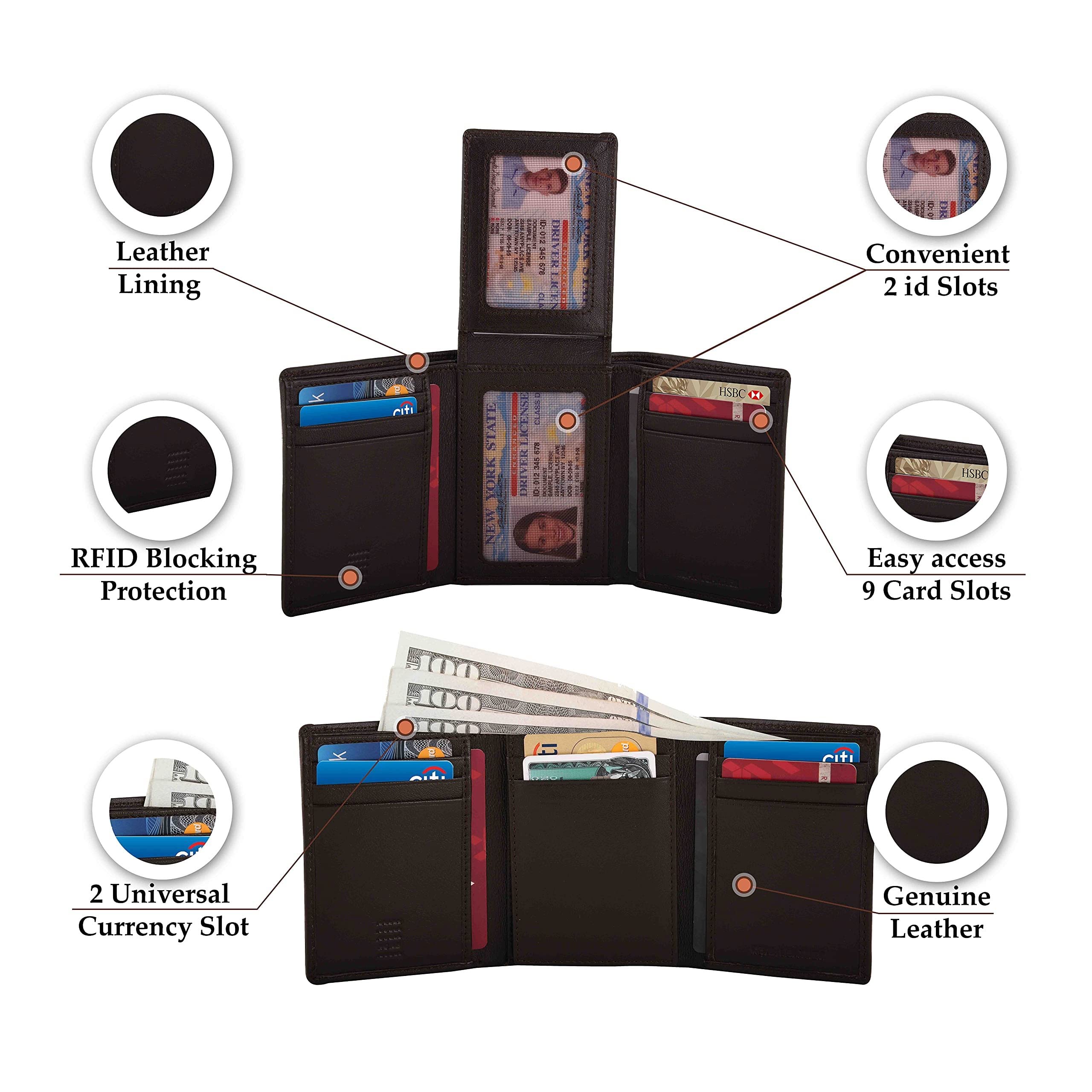 Premium Genuine Leather RFID Blocking Trifold & Zippered Wallet for Men - Horizontal & Vertical Design with Card Holder | Perfect Gift for Men & Women | Ideal for Travel, Business & Everyday Use