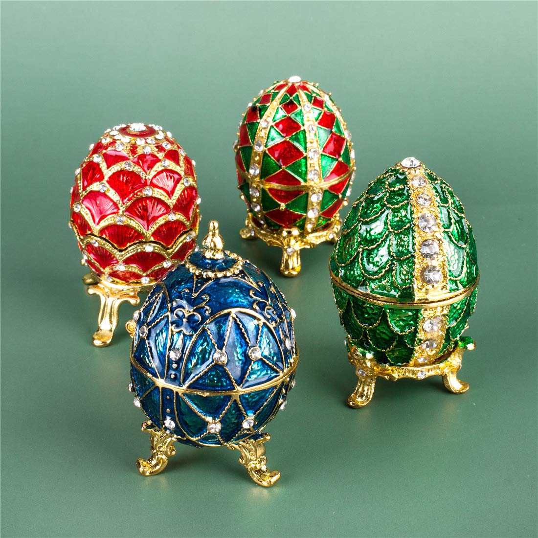 Exquisite Blue Faberge Egg Trinket Box - Hand-Painted Collectible Jewelry Box with Crystal Accents & Hinged Lid - Perfect for Easter Gifts, Jewelry Storage & Home Decor