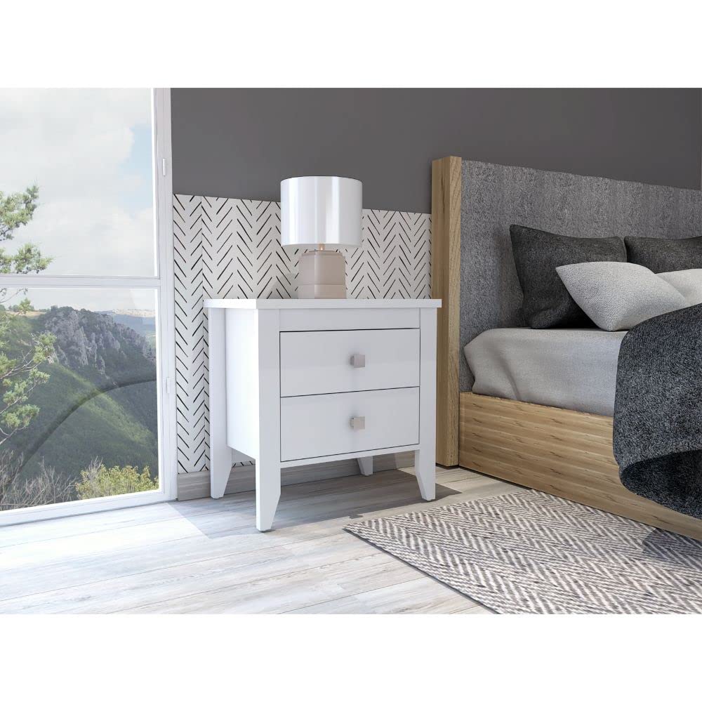 Modern White Nightstand with Two Drawers - 4-Legged Bedside Table for Bedroom, Living Room & Office - Sturdy Storage End Table with Smooth Gliding Drawers