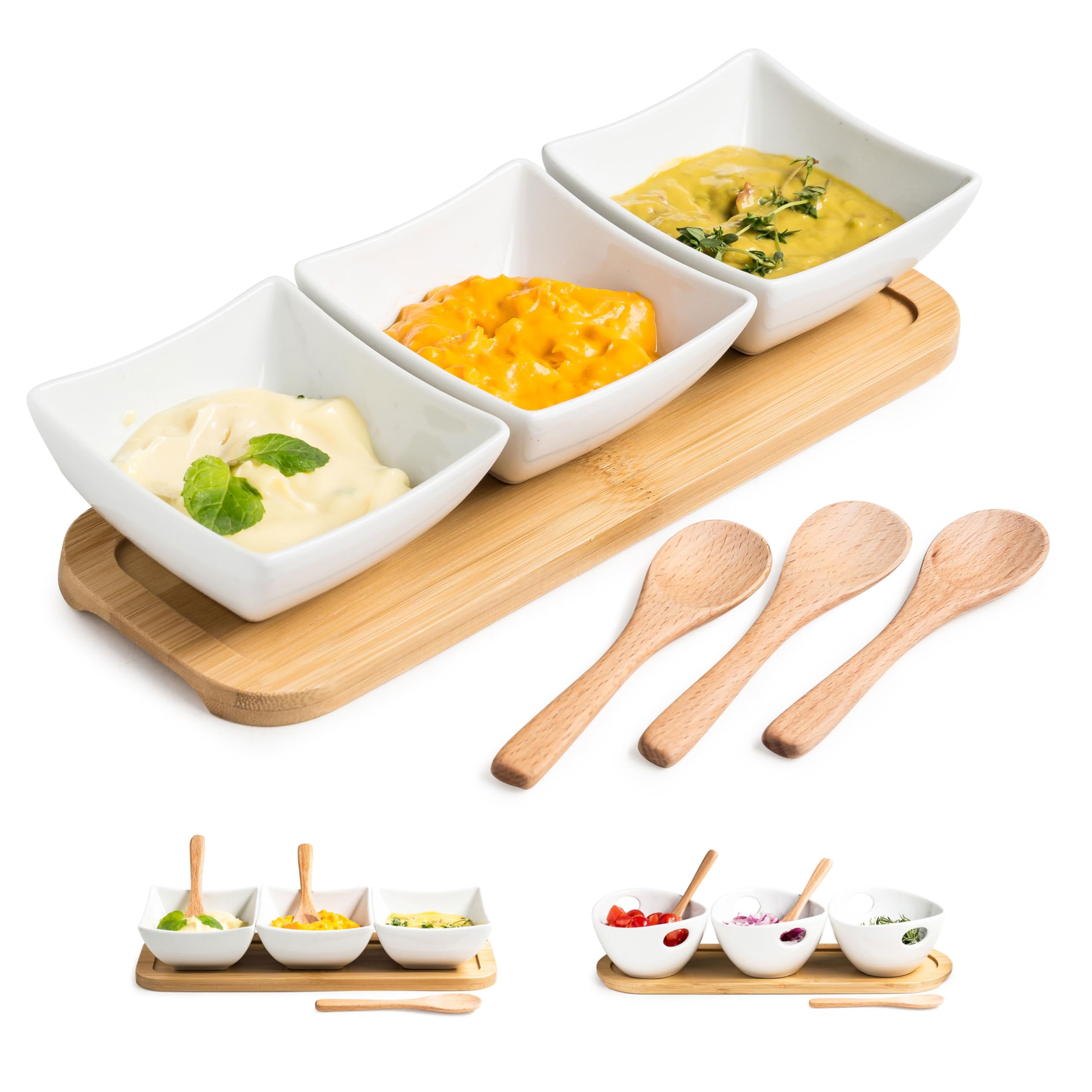 Ceramic Chip and Dip Serving Set with Wooden Spoons - Appetizer Tray for BBQ, Party Snacks & Entertaining - Perfect for Nachos, Salsa, Guacamole & Condiments