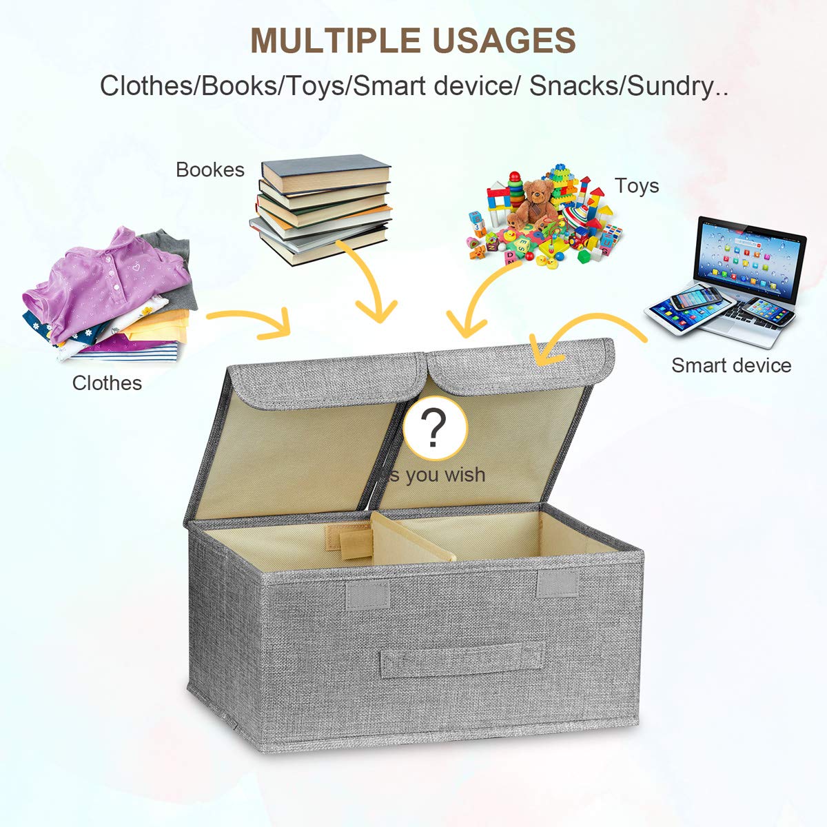 Linen Fabric Storage Bins - Foldable Organizer Box with Double Lids & Handles for Nursery, Home, Bedroom & Wardrobe | Perfect for Toys, Blankets & Clothes Storage