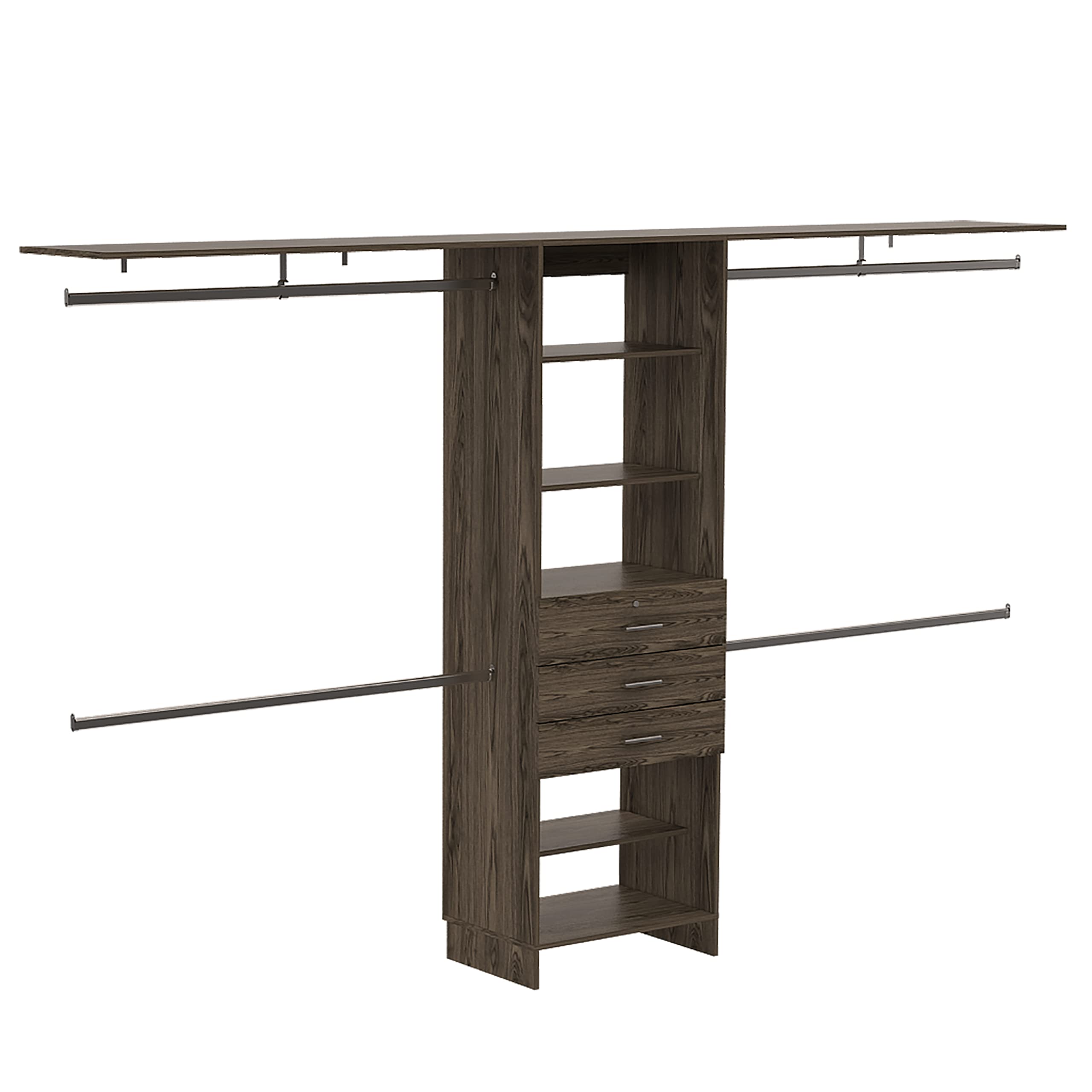 Zamora 69-118 Inch Walk-In Closet Organizer System with 4 Hanging Rods, 3 Drawers & 5 Shelves - Dark Walnut Finish for Bedroom Storage & Wardrobe Organization