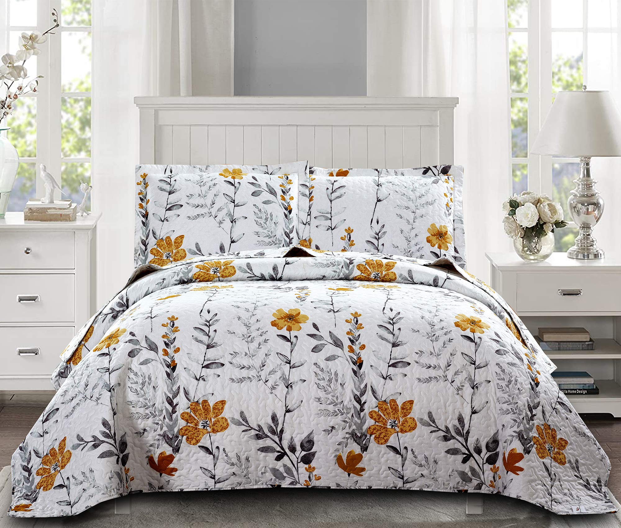 King Size Floral Quilt Set - Lightweight Reversible Bedspread Coverlet with 2 Pillow Shams | Spring Leaves Yellow Flower Design for Bedroom Decor | Perfect for Master Bedroom, Guest Room & Cozy Garden-Themed Spaces