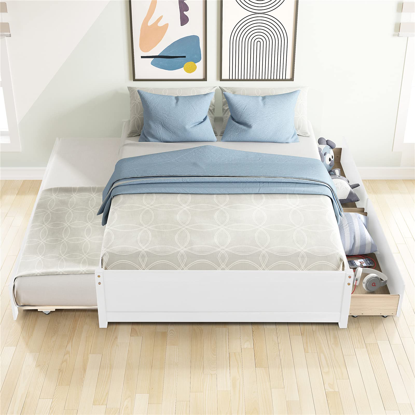 Harper & Bright Designs Full Size Wood Platform Bed Frame with Trundle and Storage Drawers - Space-Saving Captain Bed for Kids, Teens & Adults - Perfect for Small Bedrooms, Guest Rooms & Dormitories - White