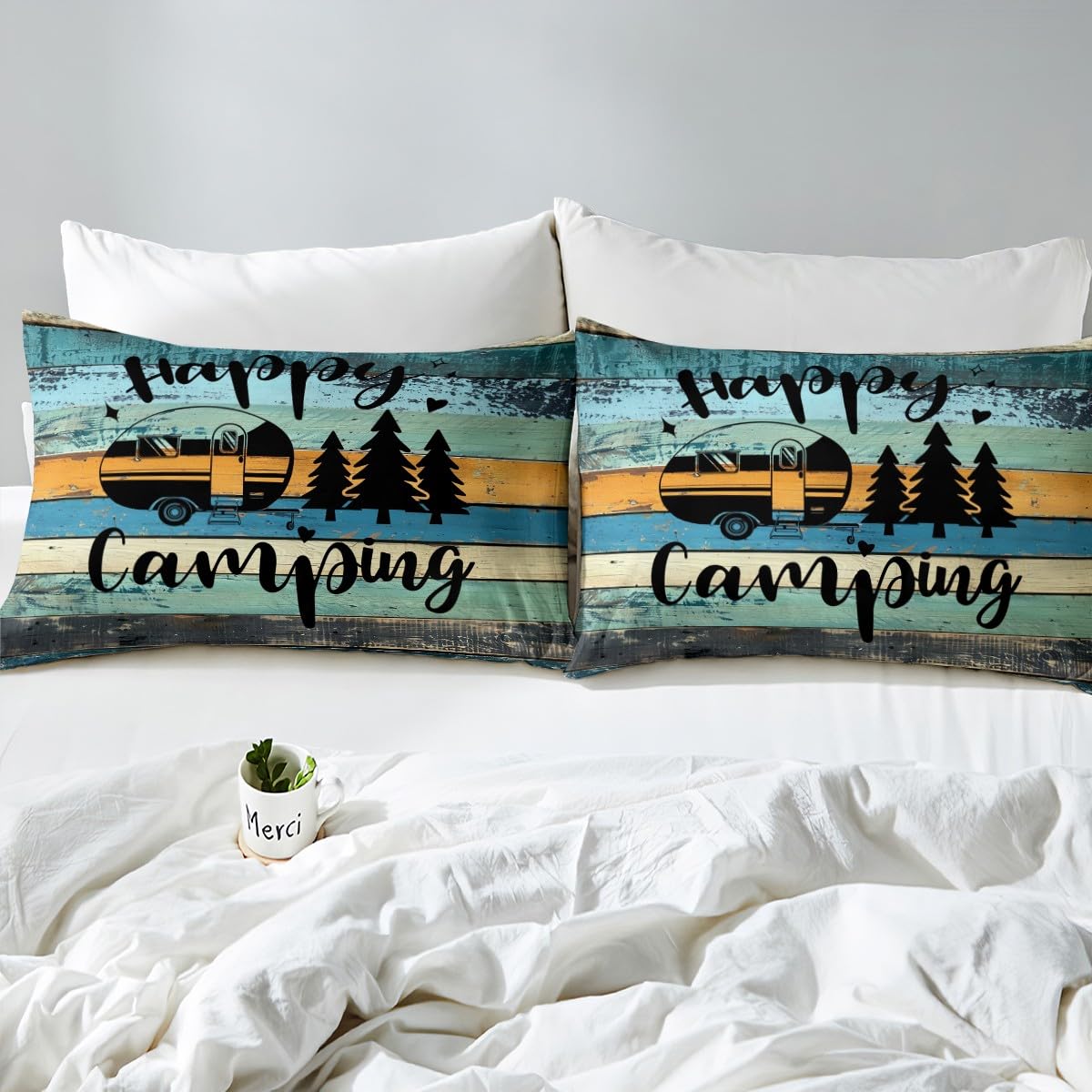 RV Camper Queen Size Duvet Cover Set - Happy Camping Green & Blue Striped Farmhouse Style Bedding with 2 Pillow Shams | Ultra Soft Breathable Microfiber for Teens & Youth | Perfect for RV Trips, Camping Adventures & Cozy Cabin Stays
