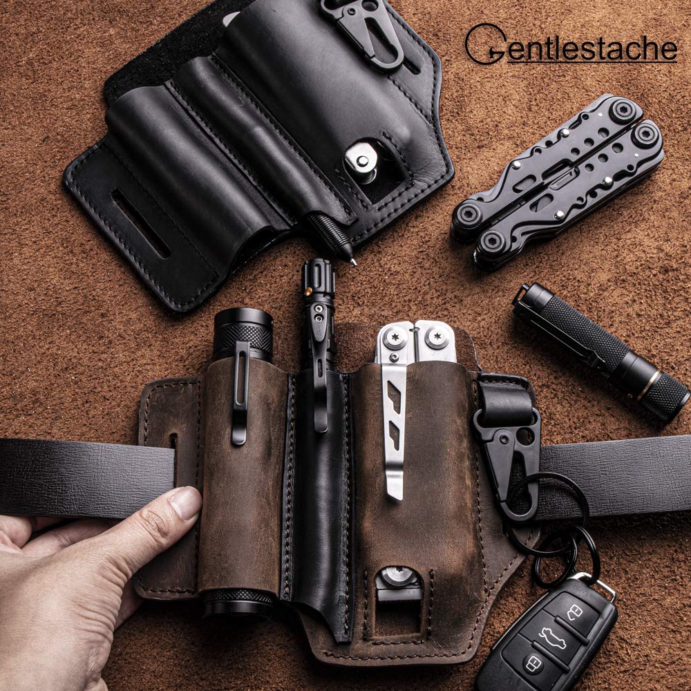 Premium Leather Multitool Sheath for Belt - Leatherman Sheath for Men with Pen Holder, Key Fob & Flashlight Sheath - Durable EDC Pocket Organizer (Black) - Perfect for Camping, Hiking & Everyday Carry