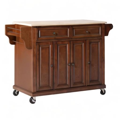 Crosley Full Size Wood Top Rolling Kitchen Island Cart with Storage - Microwave Stand, Spice Rack, Cherry Finish - Perfect for Small Kitchens, Pantry Organization & Extra Counter Space