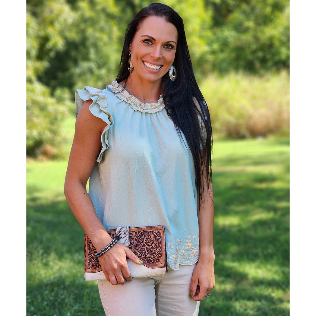 Andree Women's Sage Green Embroidered Blouse - Boho Chic Floral Tunic Top for Casual Wear & Summer Outfits