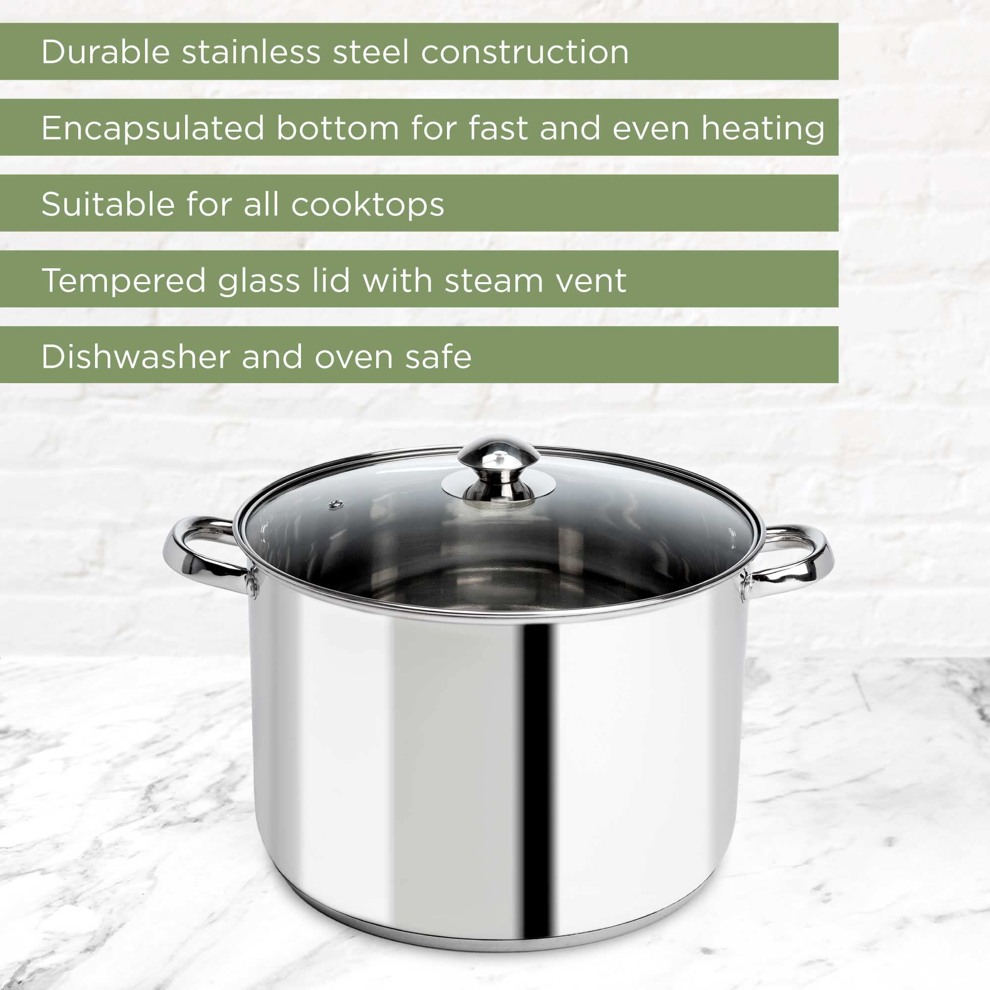 Ecolution Pure Intentions 12-Quart Stainless Steel Stock Pot with Tempered Glass Lid – Stay-Cool Handles & Encapsulated Bottom – Oven Safe & Recyclable – Perfect for Soups, Stews, and Large Batch Cooking