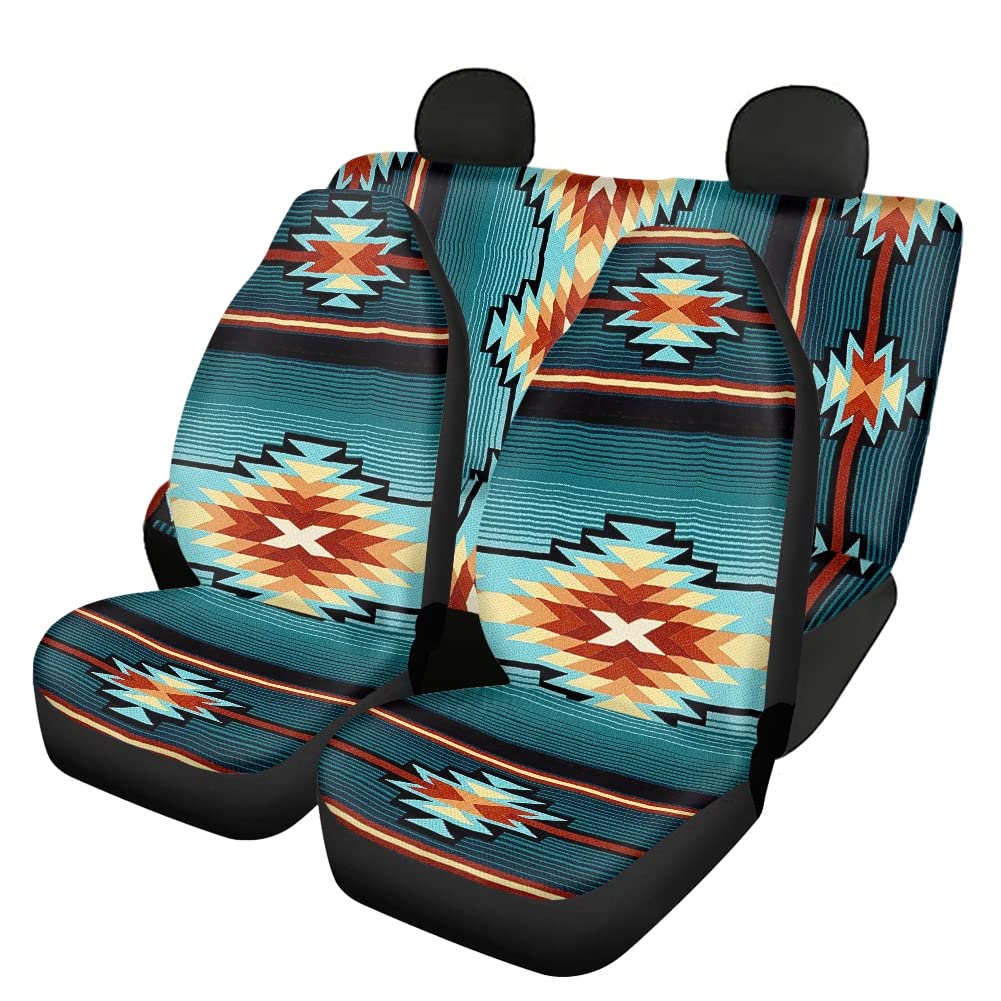 Navajo Aztec Print Car Seat Covers Full Set for Sedan, Van & Truck - 4-Piece Ultra Soft Stretch Front & Rear Bench Protectors | Perfect for Road Trips, Daily Commute & Adventure Vehicles