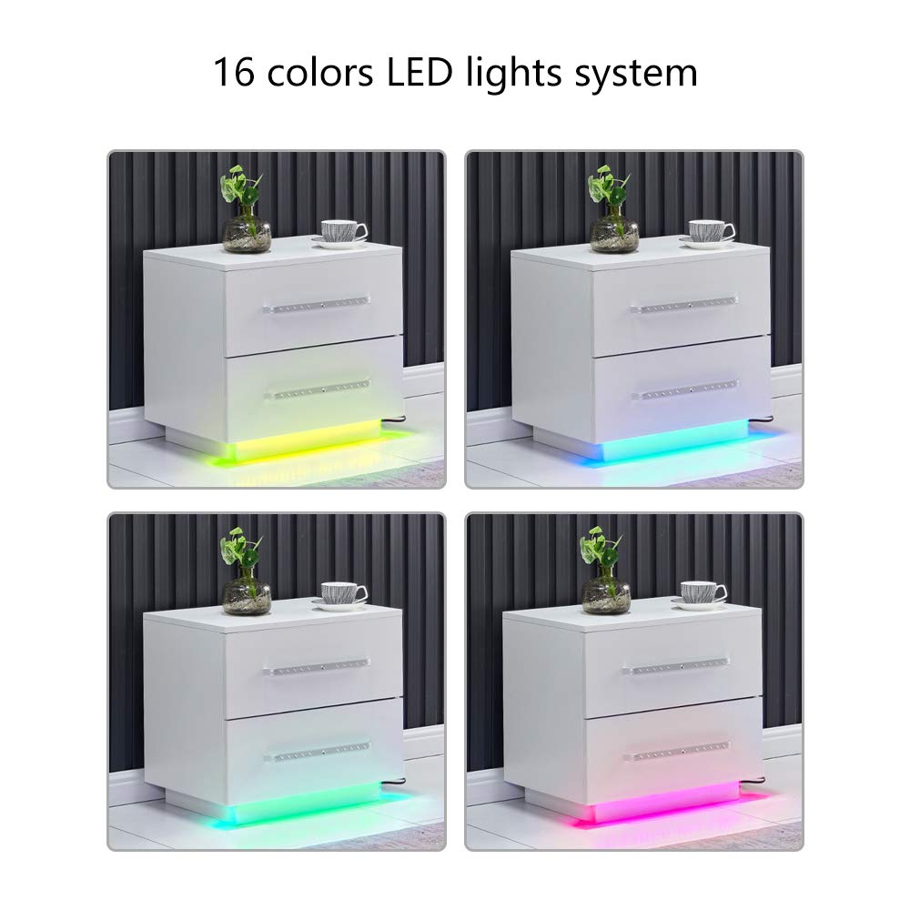 White Glossy Nightstand with 2 Drawers & LED Lights - Bedroom Side Table for Small Spaces