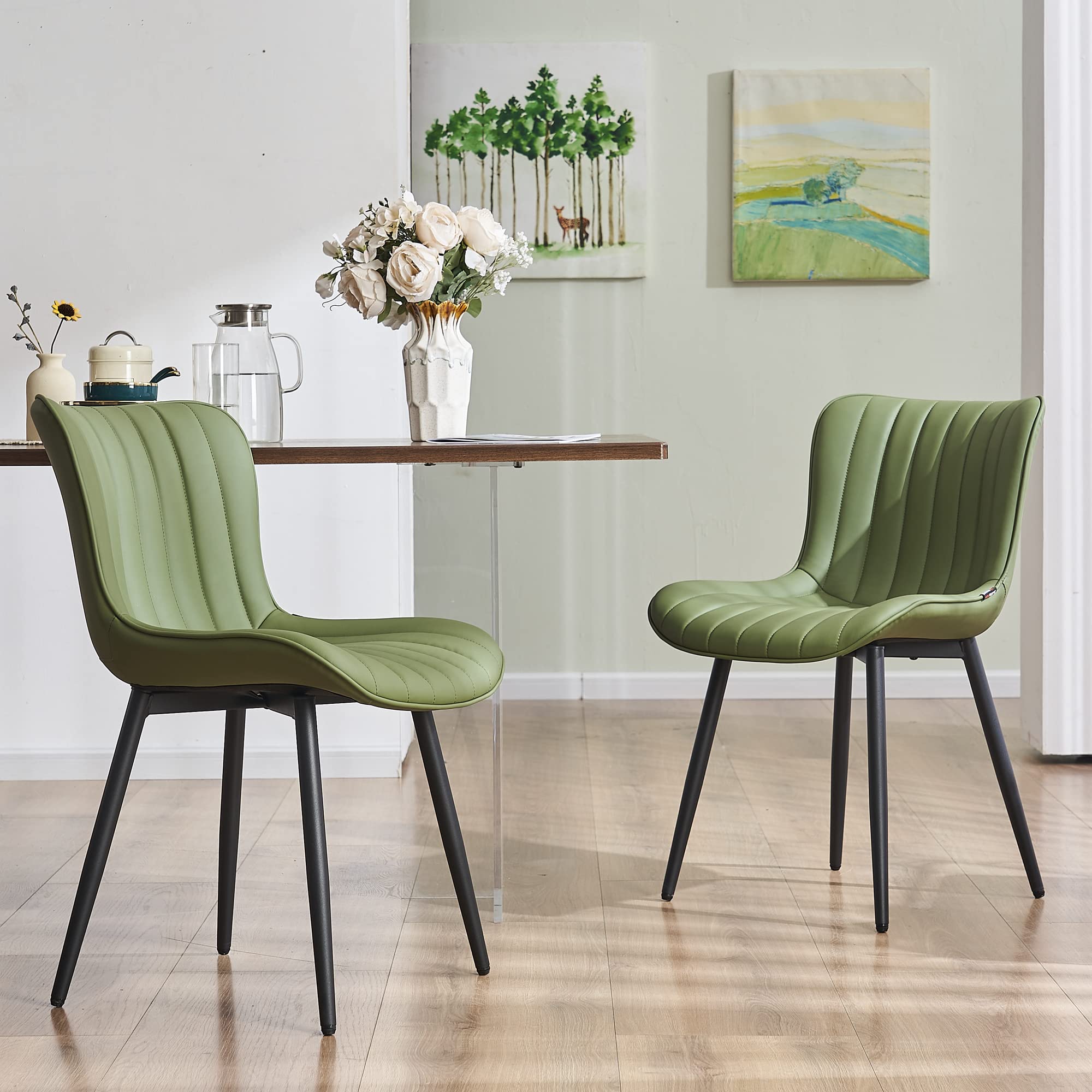YOUNUOKE Set of 2 Mid-Century Modern Dining Chairs - Faux Leather Upholstered Armless Side Chairs with Padded Back & Metal Legs for Kitchen, Dining Room, or Breakfast Nook - Olive Green