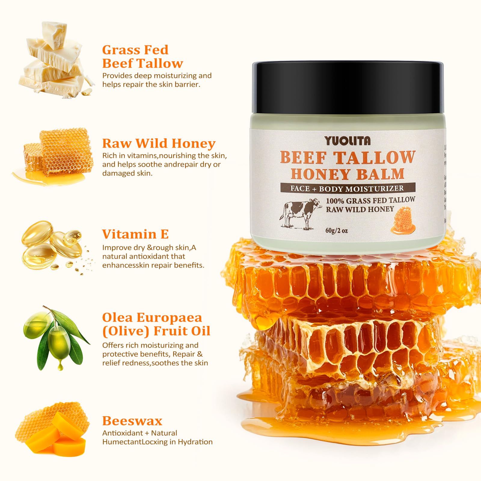Grass-Fed Beef Tallow & Raw Wild Honey Balm - Unscented All-Natural Moisturizer for Face & Body | Hydrating & Nourishing Skin Care | Perfect for Dry Skin, Eczema & Daily Hydration - 2 oz
