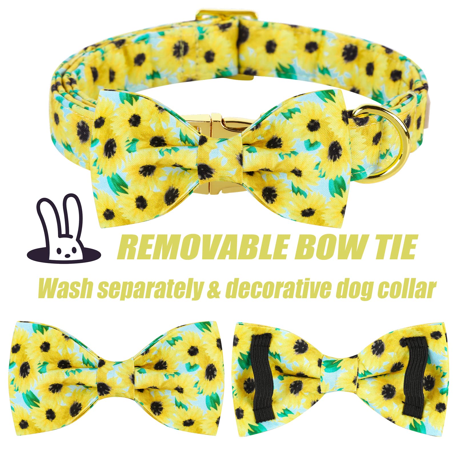 Adjustable Cotton Dog Collar with Sunflower Bow Tie & Metal Buckle - 16