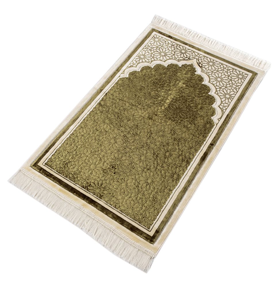 Premium Hidaya Plush Islamic Prayer Rug - Olive Green, Soft & Comfortable for Home, Mosque & Travel Use