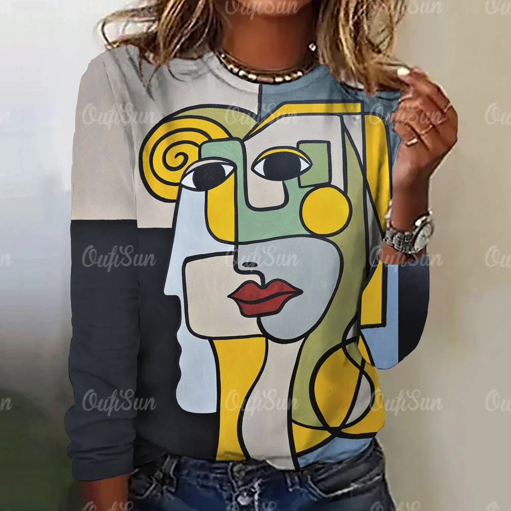 Funny Face Print Women's Long Sleeve T-Shirt | Harajuku Style Gothic Graphic Tee | Oversized Fashion Top for Women & Girls | Perfect for Halloween, Cosplay & Streetwear Outfits