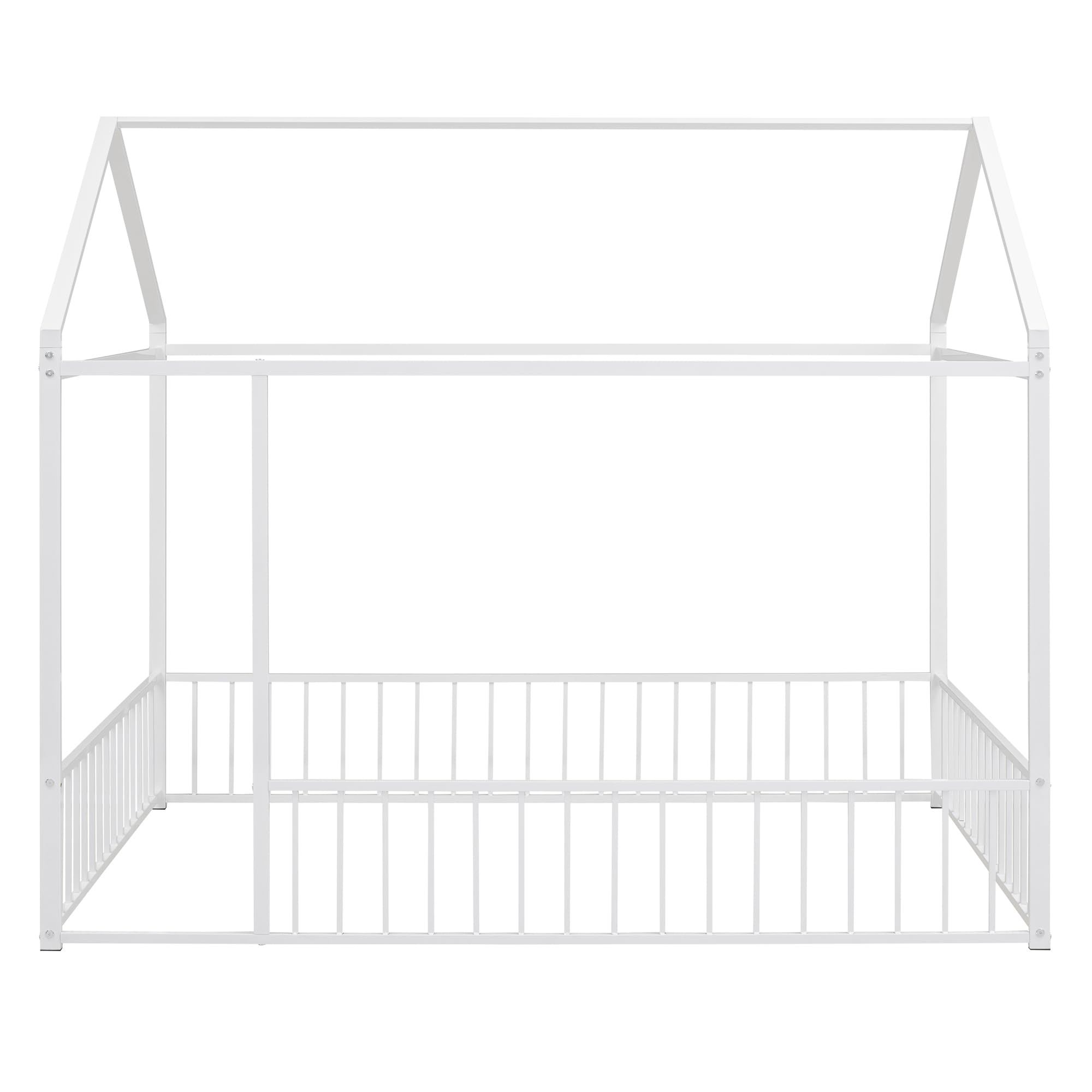 Montessori Floor Bed for Kids - Full Size White Metal House Bed Frame with Safety Fence | Playhouse Style Toddler Bed for Daytime Play & Nighttime Sleep | Perfect for Montessori Bedrooms & Playrooms