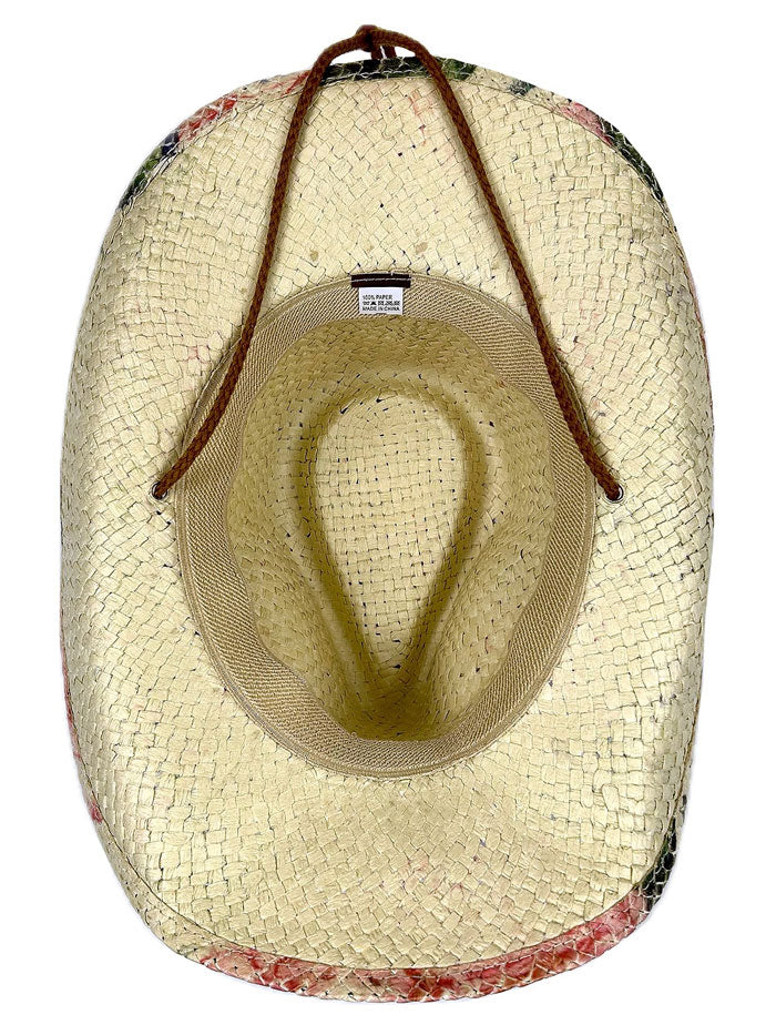 Rockmount 2131 Women's Floral Print Western Cowgirl Straw Hat - Pink & Green Sun Hat for Summer Outdoor, Beach, Country Music Festivals & Rodeo Events