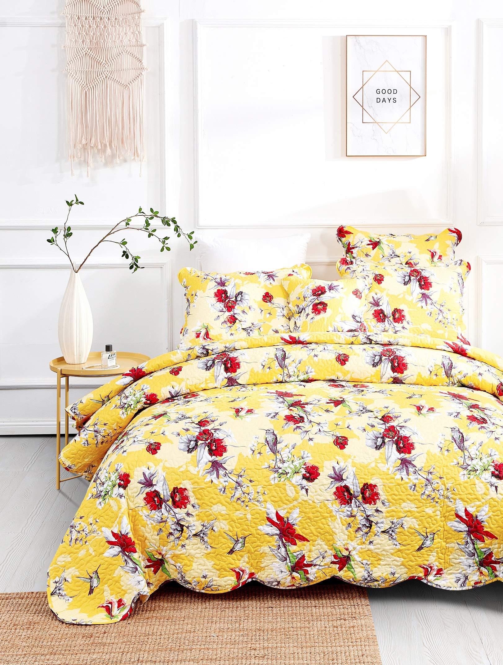 DaDalogy 12-Piece Botanical Floral Bedding Set - Radiant Sunshine Yellow Hummingbird Design with Fitted Sheet, Flat Sheet, Euro Shams, Throw Pillow Covers & Window Valance - California King Size for Master Bedroom Decor