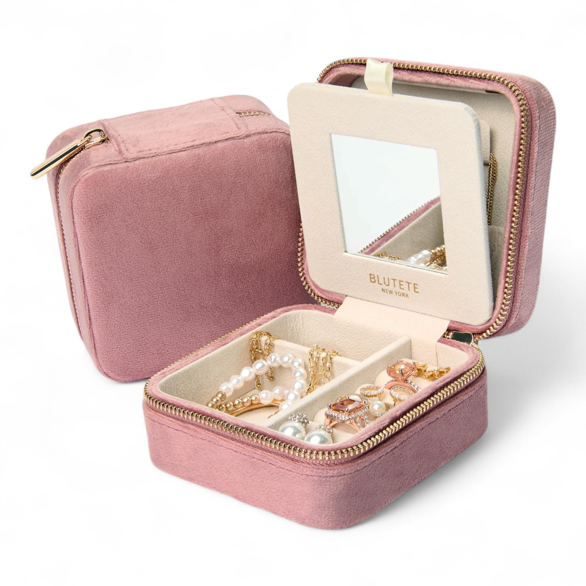 BLUTETE Travel Jewelry Organizer Box - Velvet Jewelry Case with Mirror for Rings, Earrings & Necklaces - Portable Storage for Women (Dusty Pink) | Perfect for Travel, Vacation & Daily Jewelry Organization