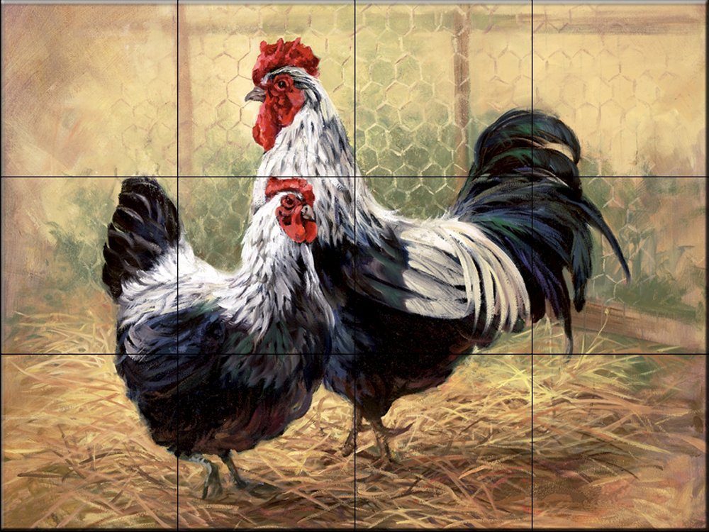 Hand-Painted Ceramic Backsplash Tile Mural - Black Rooster and Hen Design by Laurie Snow Hein for Kitchen & Bathroom Decor - Perfect for Farmhouse, Country Style, and Rustic Home Interiors