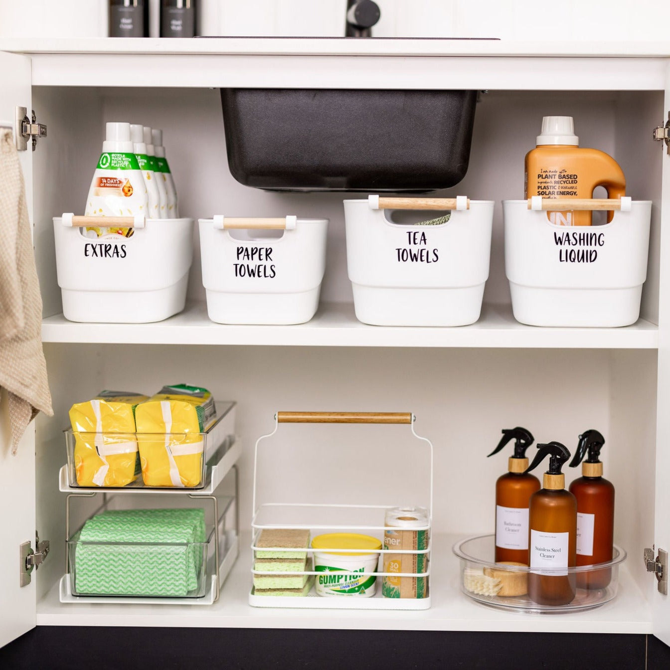 Medium White Storage Bin with Wooden Handle - Perfect for Home Organization, Toy Storage & Closet Shelving