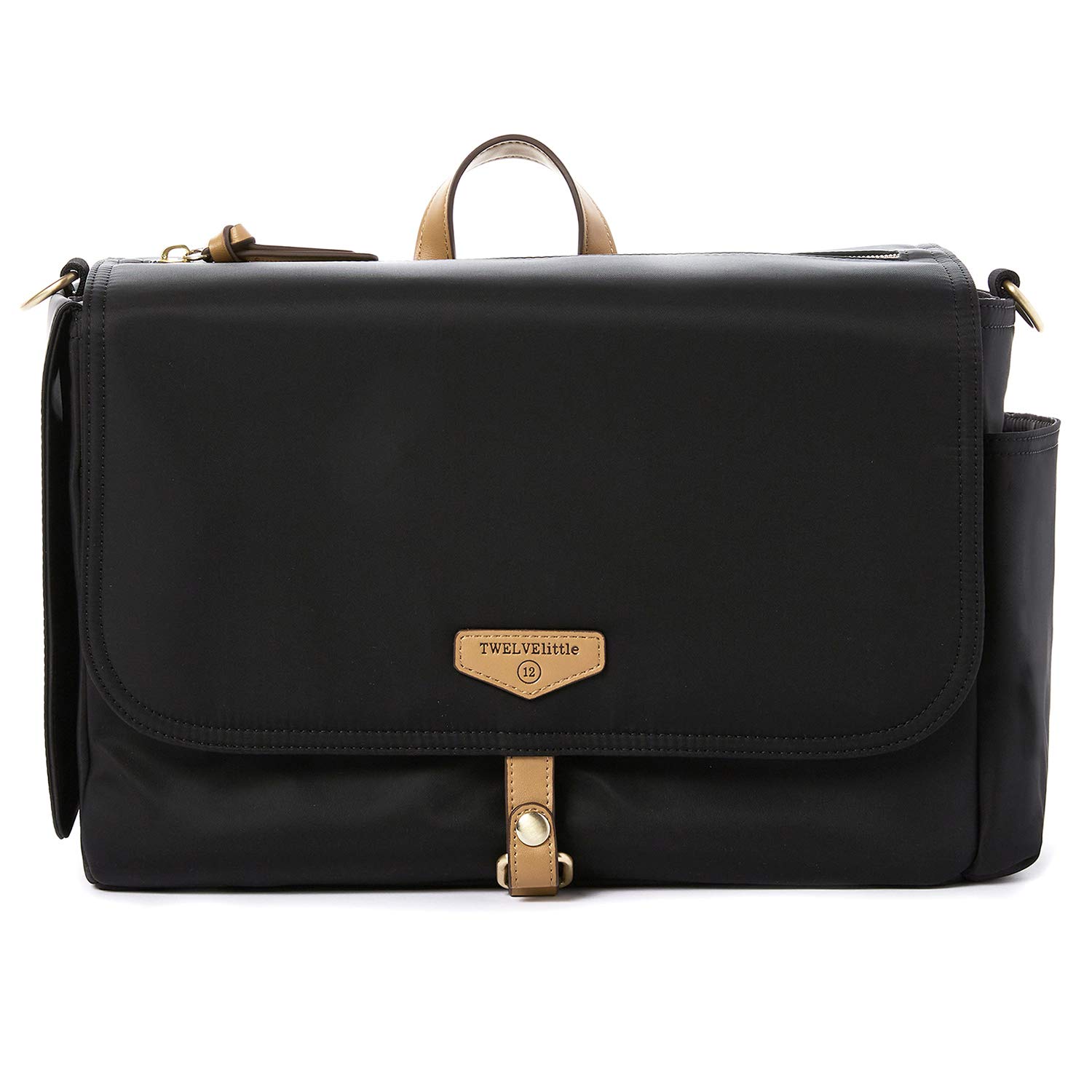 TWELVElittle On-The-Go Stroller Caddy 3.0 - Stylish Travel Diaper Bag & Messenger Bag with Stroller Clips & Changing Pad - Easy Wipes Access - Black Tan - Perfect for Parents on the Go, Baby Essentials Storage & Quick Diaper Changes