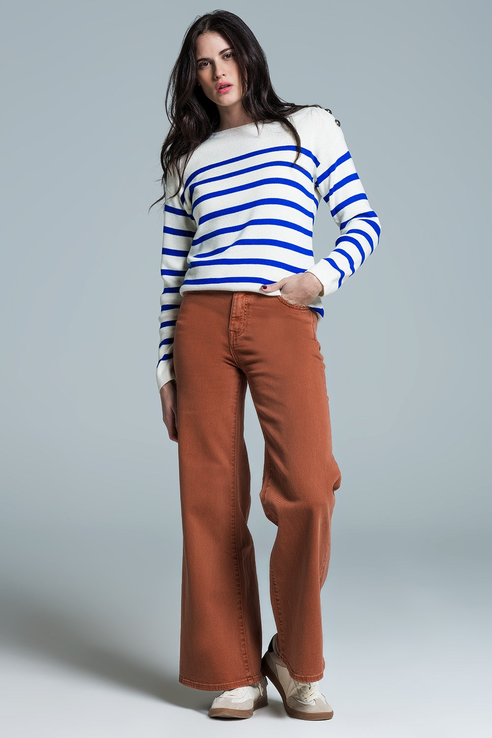 Women's White Button-Down Shoulder Stripe Blouse - Casual Office Wear & Spring Outfits