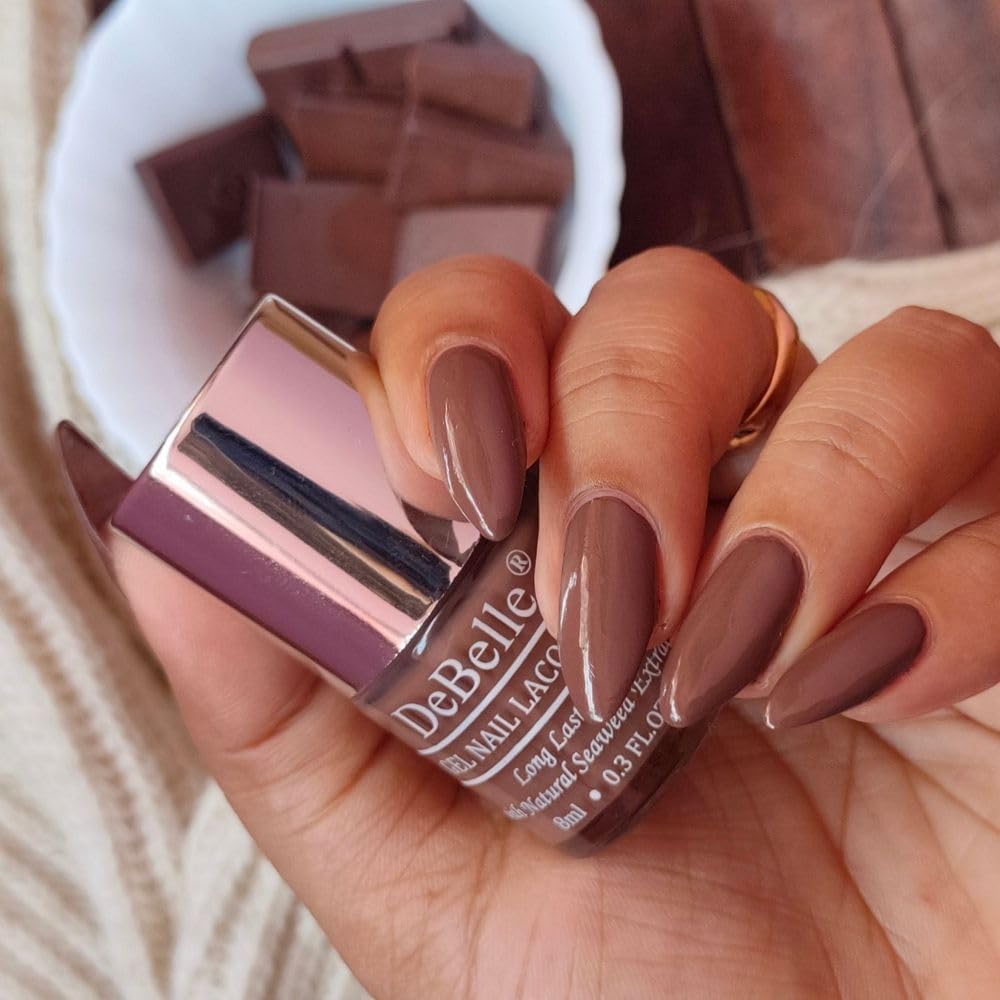DeBelle Gel Glossy Finish Nail Polish - Woody Chocolate (Light Chocolate Brown) 8ml - Enriched with Natural Seaweed Extract, Vegan, Cruelty-Free & Non-Toxic - Perfect for Everyday Wear, Salon-Quality Manicures & Special Occasions