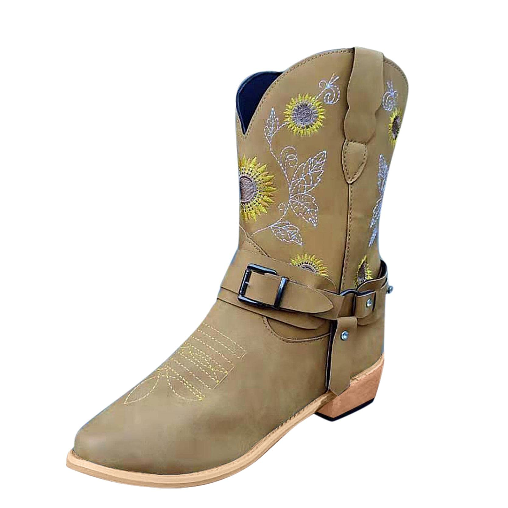 Women's Embroidered Ethnic Style Rhinestone Ankle Boots - Fashion Square Heel Booties with Belt Buckle for Casual Wear & Party Outfits