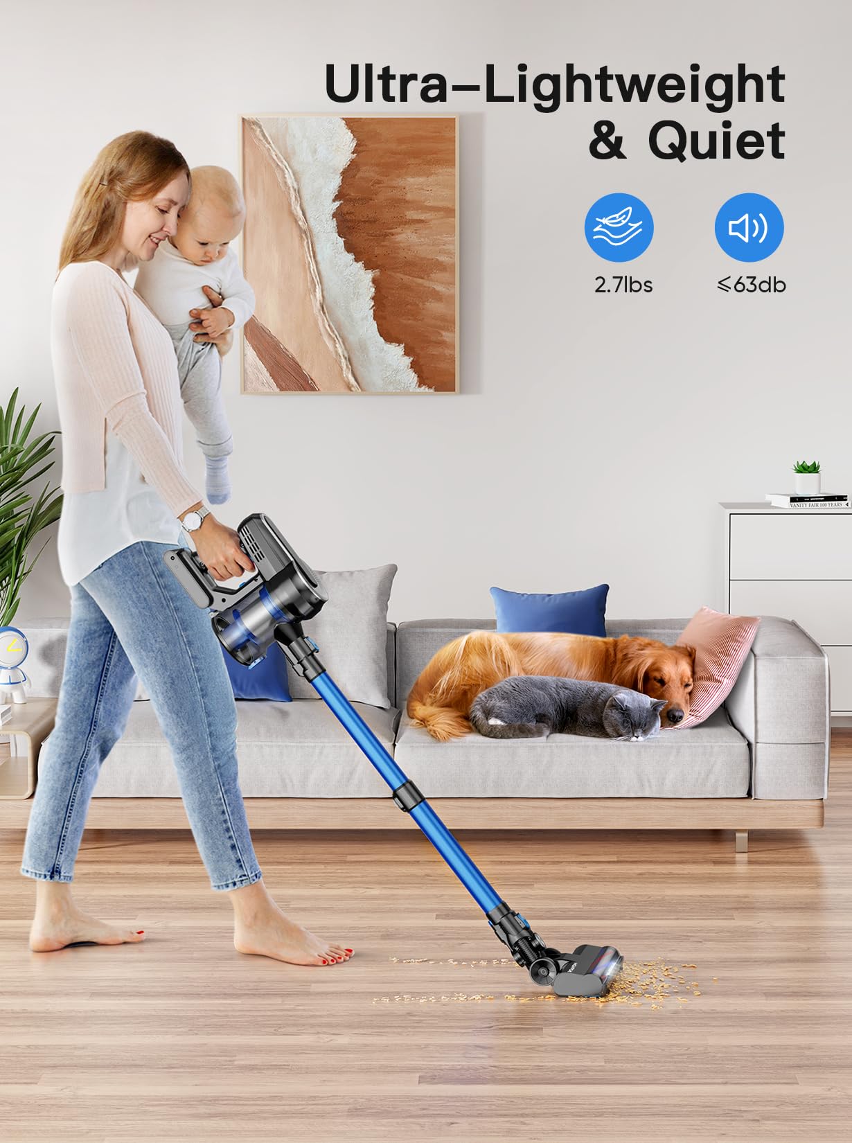 Roanow 450W/35KPA Cordless Stick Vacuum Cleaner - Ultra Lightweight for Home, Carpet & Hard Floors - 55 Min Runtime, LED Display, Pet Hair Removal - Perfect for Quick Cleanups & Pet Owners (Blue, Model SCV001)