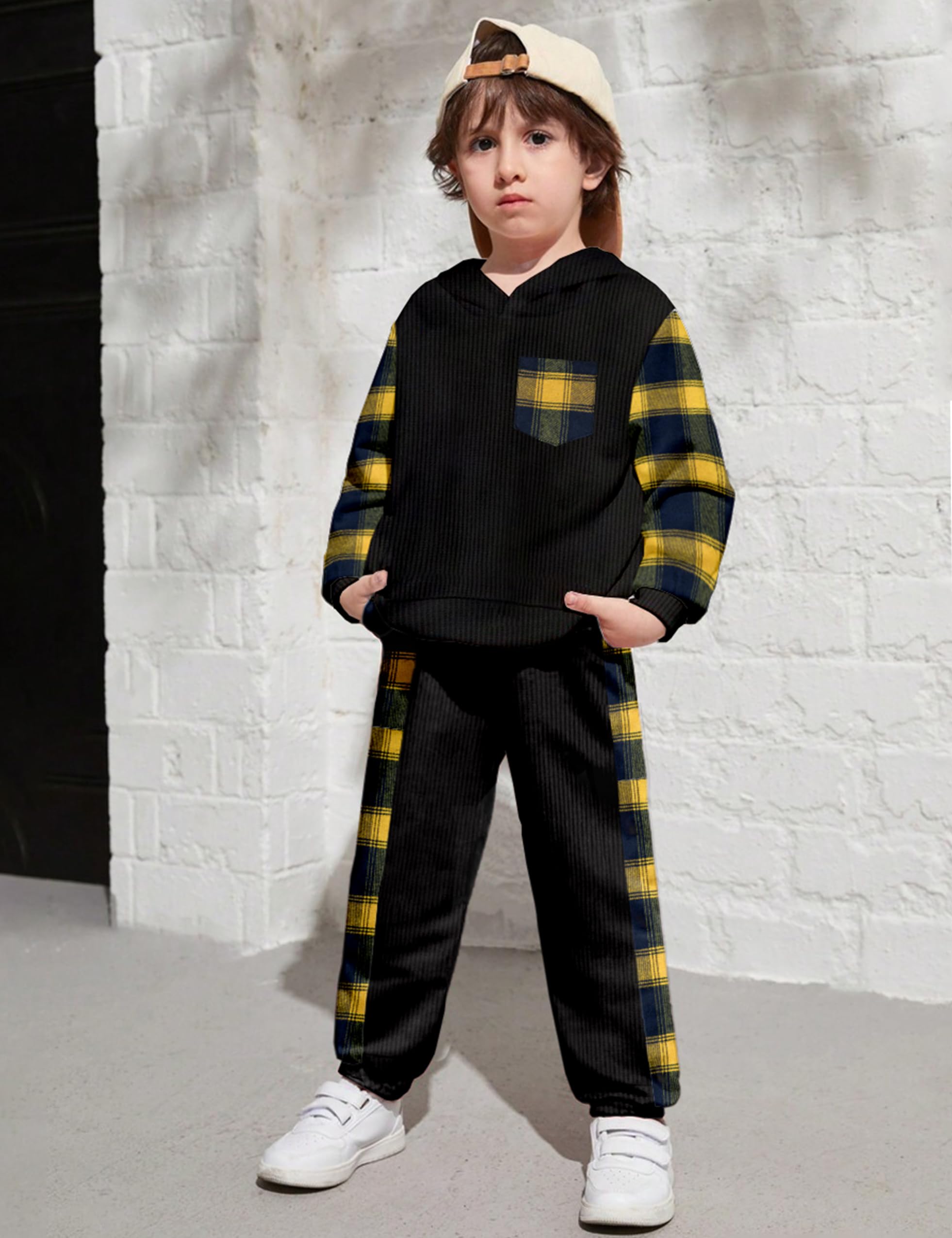 Boys' Waffle Plaid Hoodie & Patchwork Casual Pants 2-Piece Set with Pockets | Warm Toddler Winter Outfits for Playdates & Outdoor Adventures