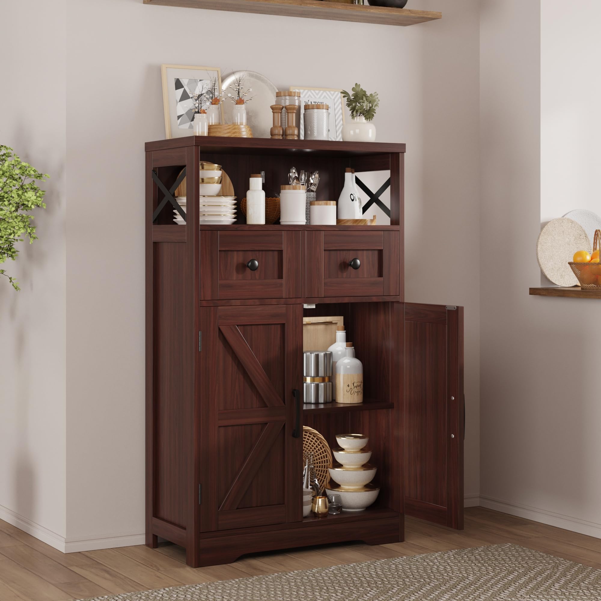 Dark Brown Storage Cabinet with Drawers and Shelves - Standing Kitchen Pantry Organizer, Floor Storage Hutch Cupboard for Coffee Bar Station | Perfect for Dining Room, Living Room & Home Office Organization
