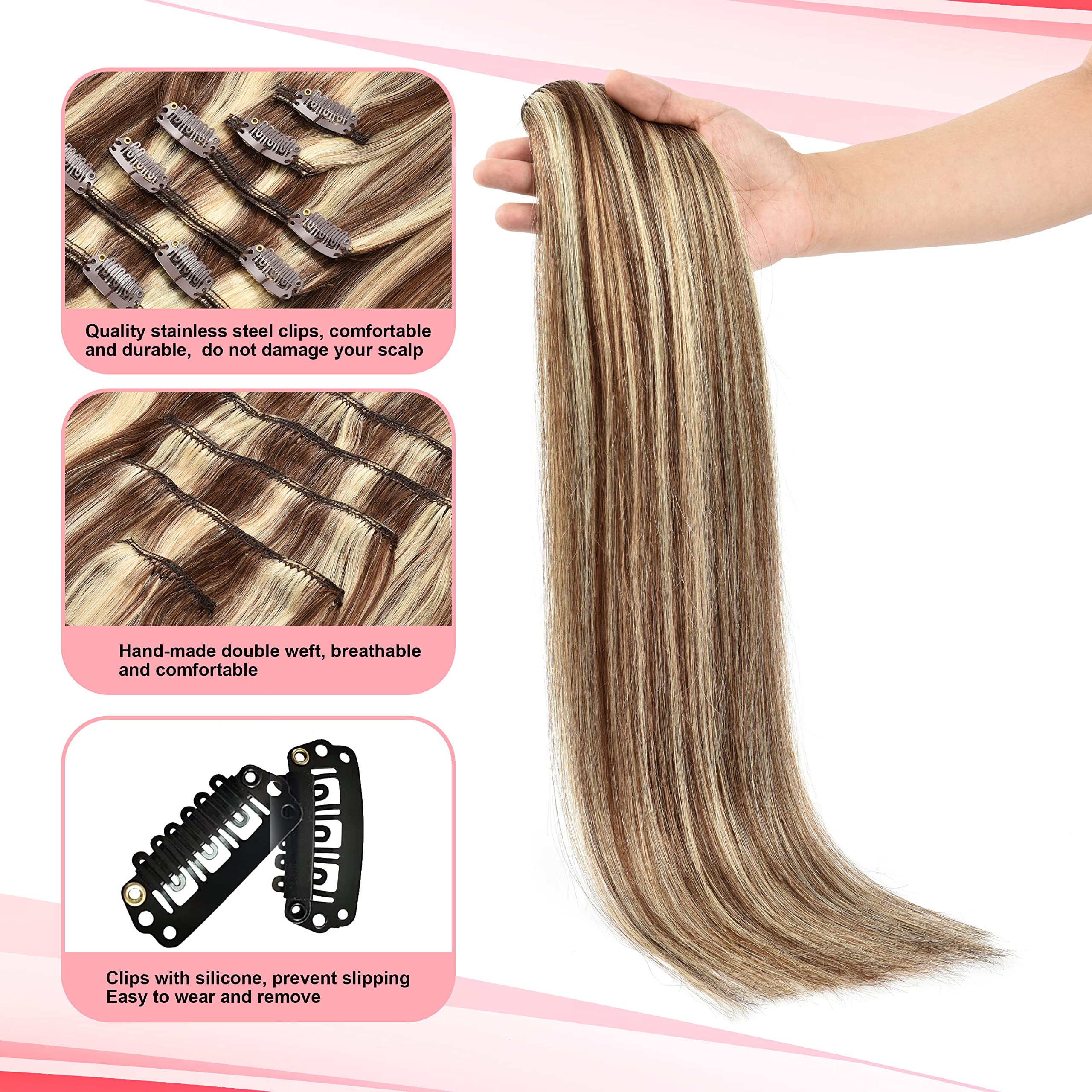 9A Brazilian Clip-in Human Hair Extensions 22 Inch 120g 7Pcs Straight Blonde Double Weft Real Hair - Perfect for Parties, Weddings & Daily Styling (#P4/613 Medium Brown with Blonde)