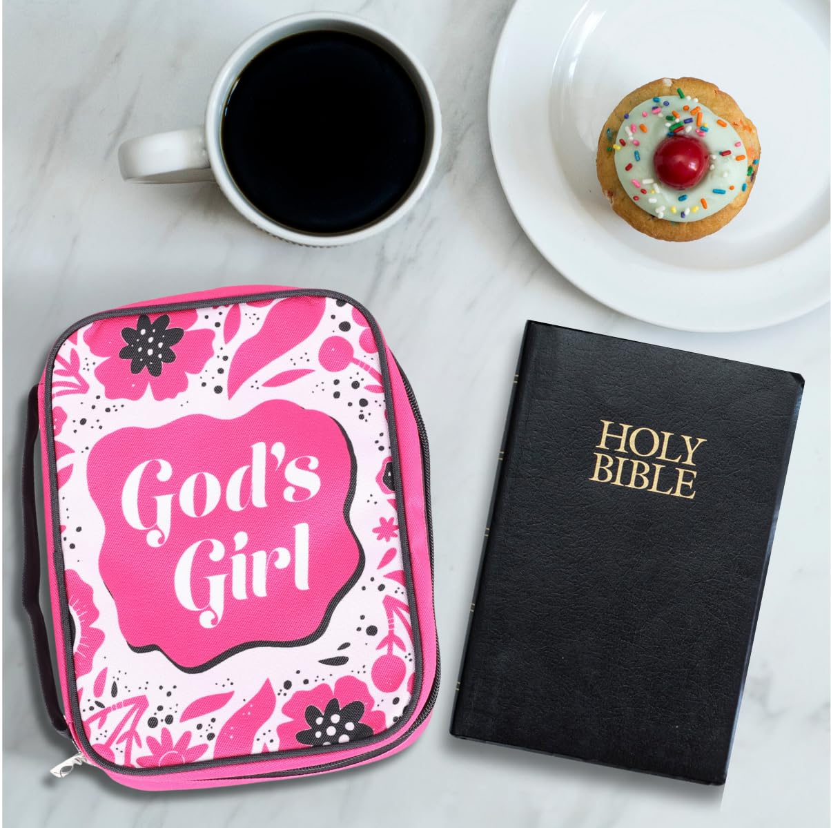 Pink Bible Cover for Women & Girls - Medium Size 9.25X6.62X1.87 Inches with Handle, Ribbon Bookmark, Pen Loop & Organizer Pockets - Perfect for Church, Bible Study, Travel & Daily Devotion